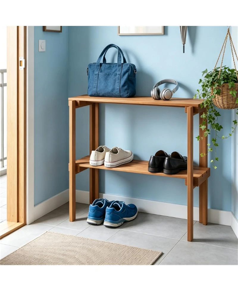 Slickblue 2-Tier Slatted Wood Shoe and Plant Stand with Folding Design
