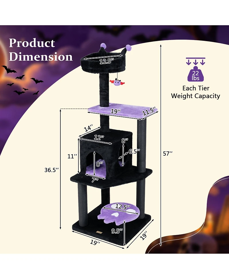 Gymax 57'' Gothic Cat Tree for Indoor Cats with Padded Perch 2-Entry Condo Hanging Toy