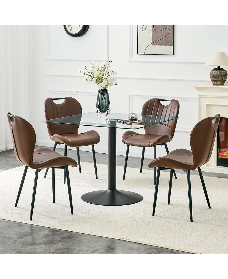 Flynama 5-Piece Square Glass Dining Set, Single-Column Metal Table and 4 Pu Handle Chairs