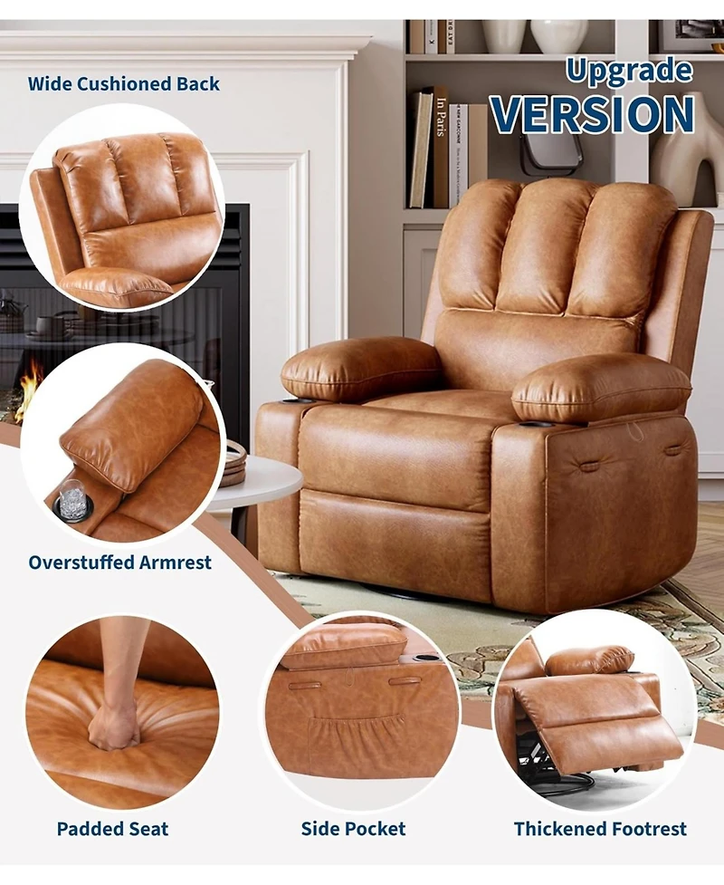 gaomon Pu Leather Swivel Rocker Manual Recliner Sofa Chair, Heat and Massage for Living Room