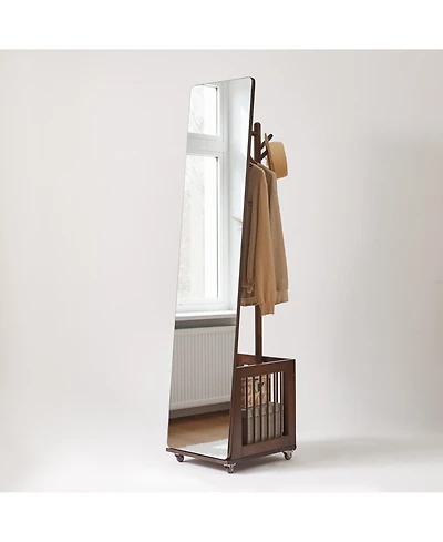 Busdays Solid Wood Rolling Coat Rack with Storage Basket Freestanding Multi Hook Garment Stand with Wheels Mobile Organizer for Entryway Bedroom