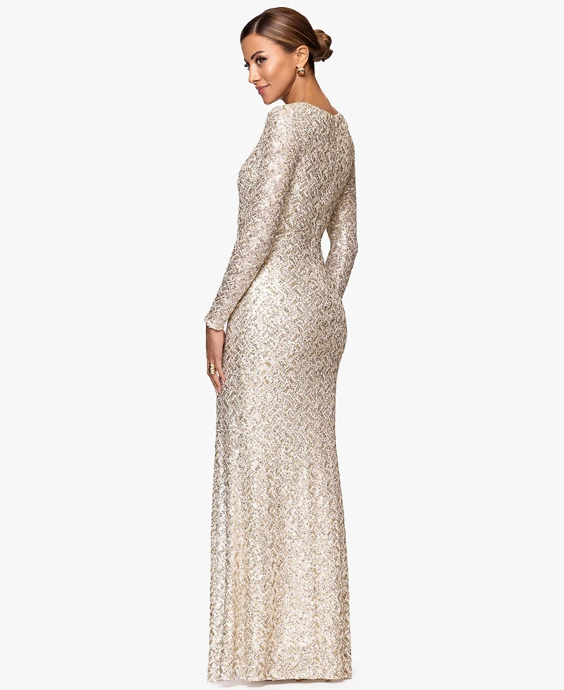 Xscape Petite Allover-Sequin Boat-Neck Long-Sleeve Dress