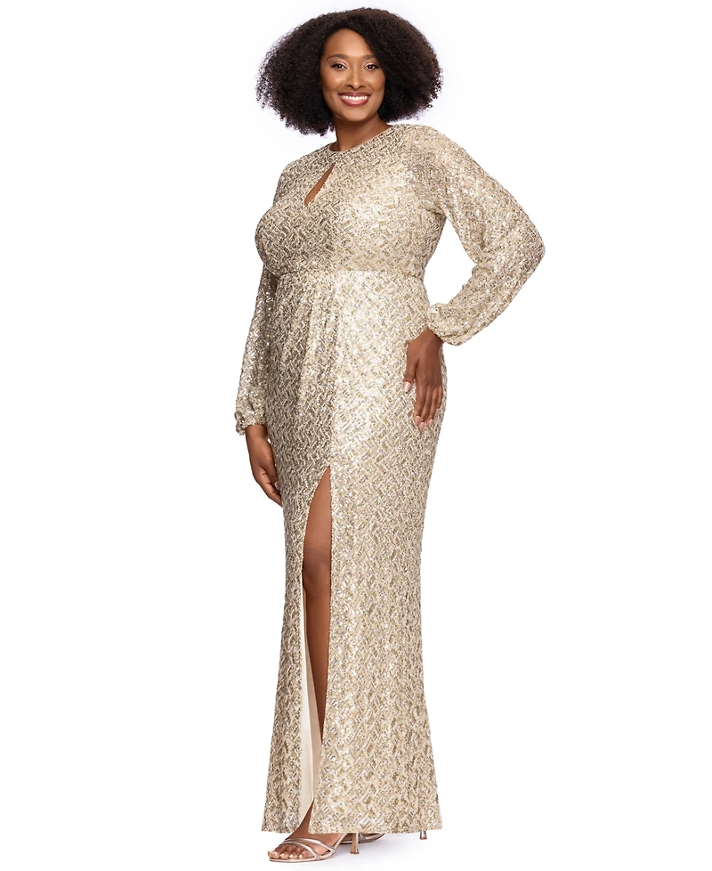 Xscape Plus Allover-Sequin Keyhole Long-Sleeve Gown