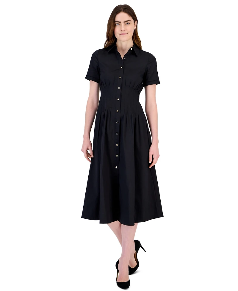 Anne Klein Women's Petite Fit & Flare Short-Sleeve Collared Shirt Dress