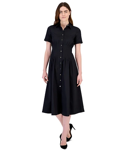 Anne Klein Women's Petite Fit & Flare Short-Sleeve Collared Shirt Dress