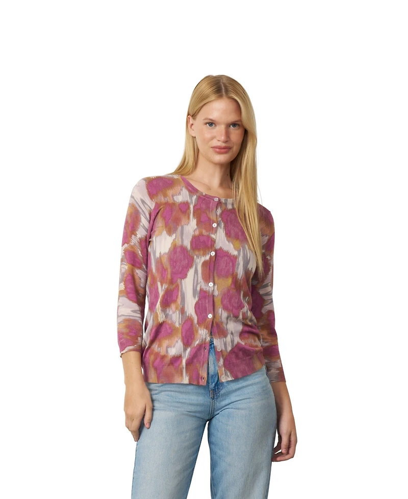 Cable & Gauge Women's Floral Animal Print 3/4-Sleeve Crewneck Cardigan