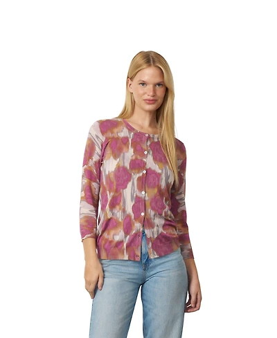Cable & Gauge Women's Floral Animal Print 3/4-Sleeve Crewneck Cardigan
