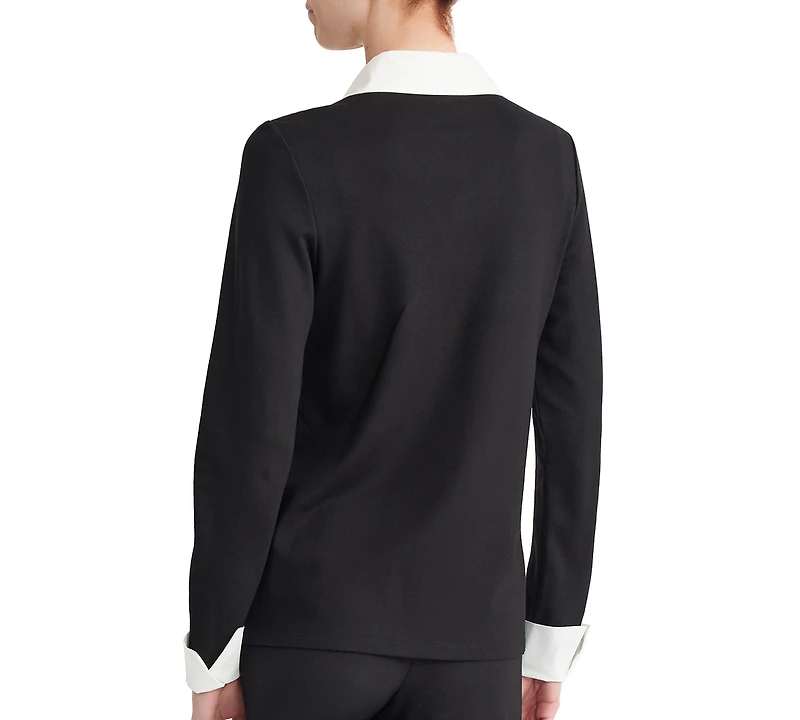 Jones New York Women's Twofer Long-Sleeve Collared V-Neck Woven-Cuff Blouse