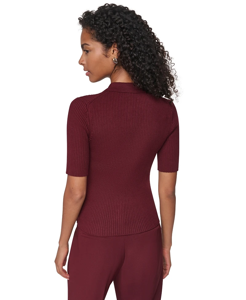 Dkny Petite Short-Sleeve Half-Zip Ribbed Cotton-Blend Sweater