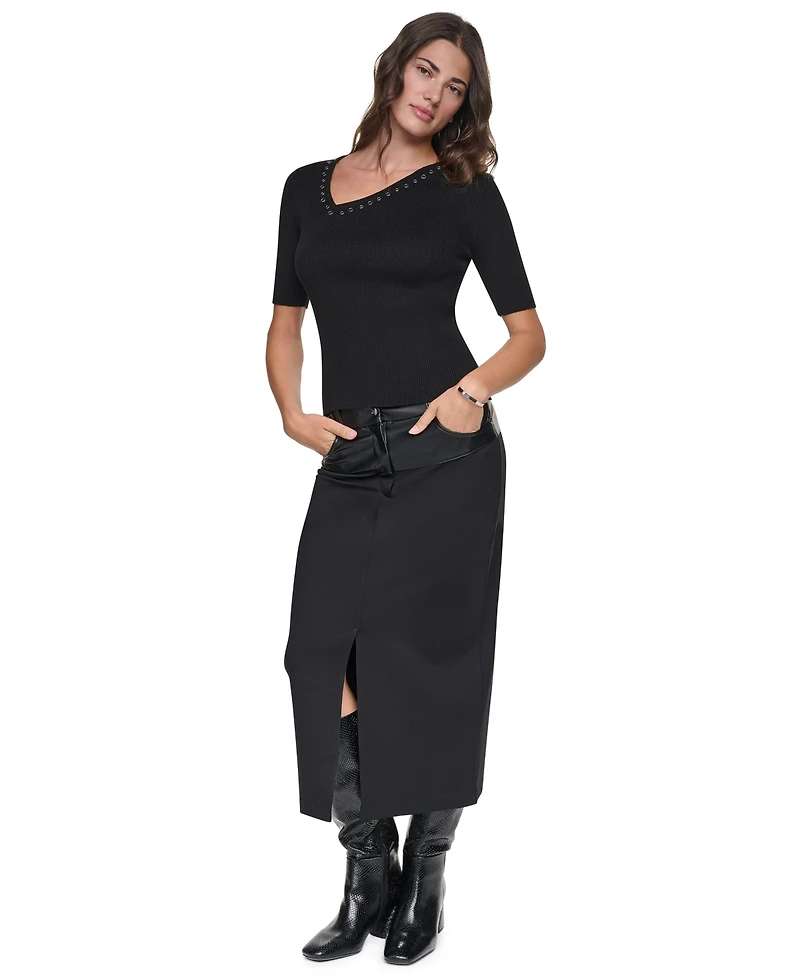 Dkny Women's Asymmetrical V-Neck Studded Ribbed-Knit Pullover Sweater