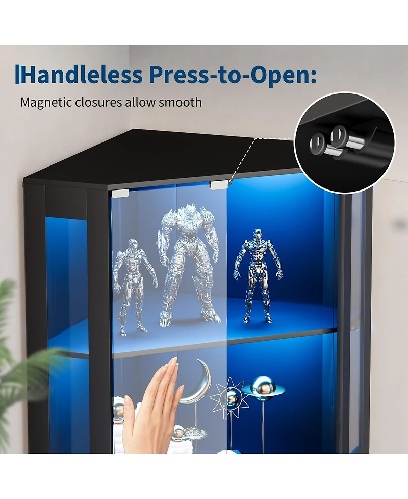 gaomon 65" Modern Corner Glass Curio Cabinet with Led Lights, Glass Doors and Adjustable Shelves for Collectibles and Dining Room Display