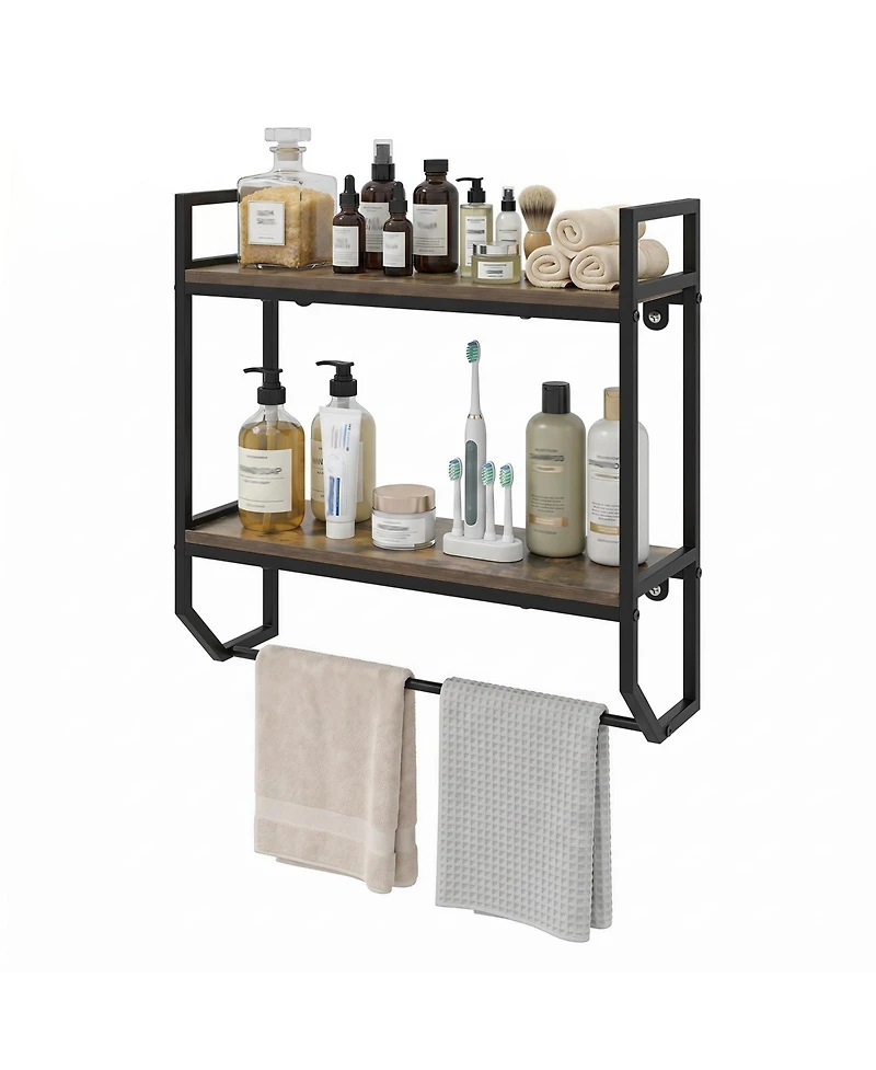 Gymax 2-Tier Floating Shelving Wall-Mounted Shelf with Hanging Rod Expansion Screws