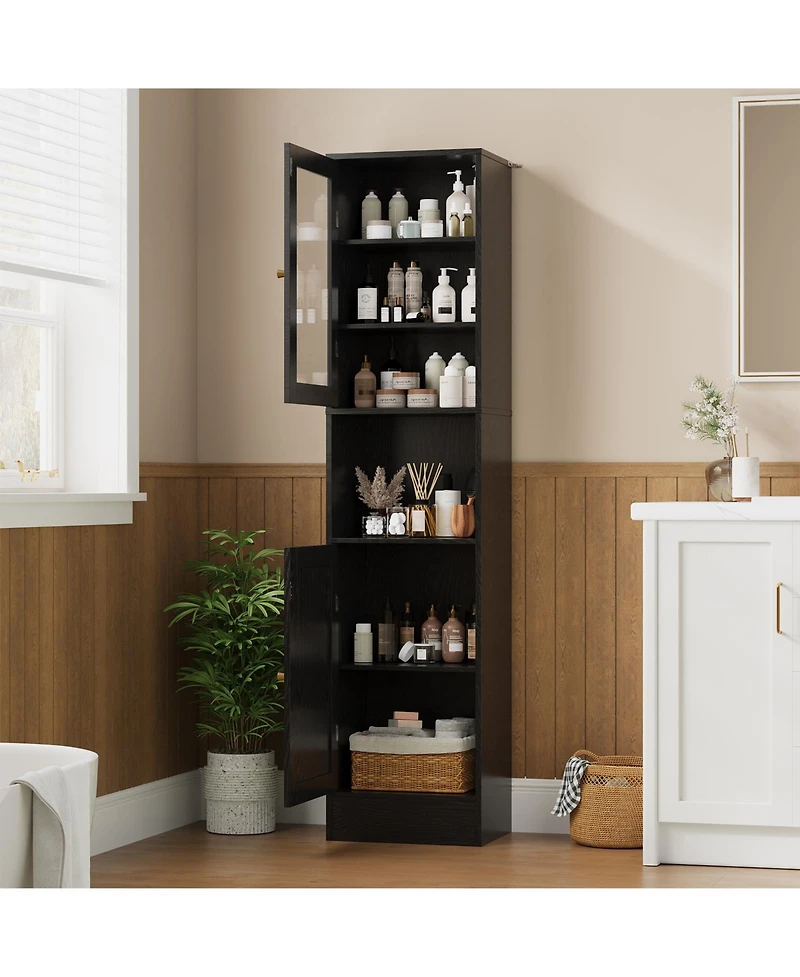gaomon 67 Tall Bathroom Storage Cabinet, Slim Glass-Door Freestanding Towel Cabinet with Anti-Tip Design