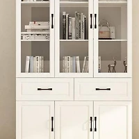 Fufu&Gaga 47.2 in. Wide x 78.9 in. H 8-Shelf Wood Standard Bookcase With Adjustable Shelves, Tempered Glass Doors, Drawers