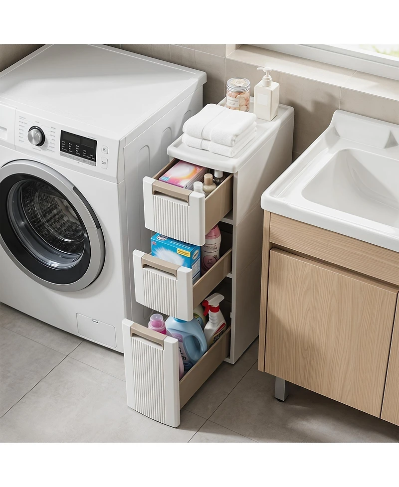 Gymax 3-Tier Narrow Storage Cabinet 3 Drawers and 2 Removable Dividers Wheels