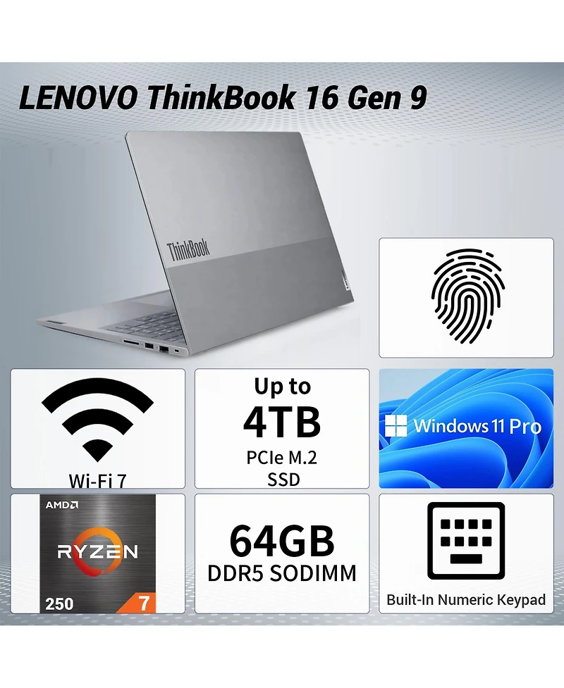 Lenovo ThinkBook 16" Fhd+ Business Laptop, Amd Ryzen 7 250, Amd Radeon Graphics, 32GB DDR5, 1TB Ssd, Wi-Fi 7, Win11 Pro, Grey