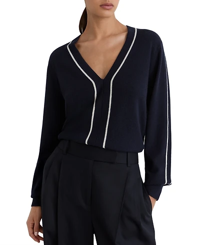 Reiss Women's Mila Wool-Blend V-Neck Stripe-Detail Jumper with Cashmere