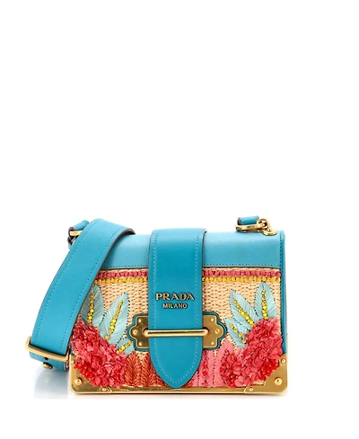 Pre-Owned Prada Small Cahier Crossbody Bag Embroidered Straw with Leather