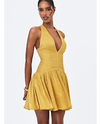 Miss Circle Women's Xavia Gold Crystal Organza Plunging Halter Mini Dress