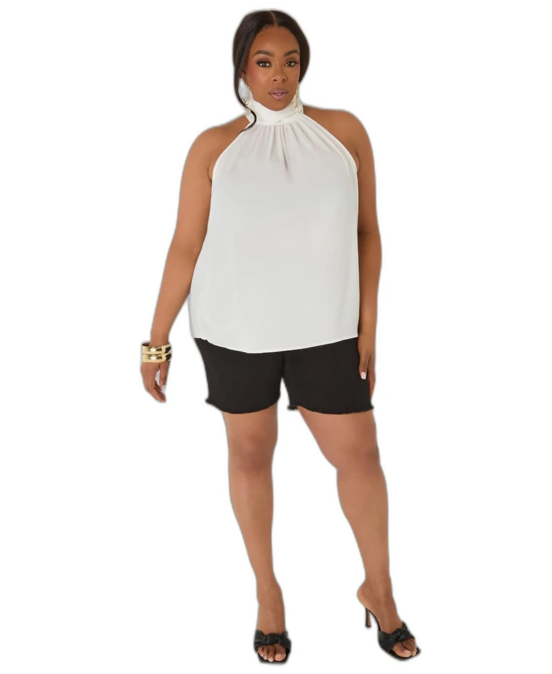 Ashley Stewart Women's High-Neck Crepe Keyhole-Back Top