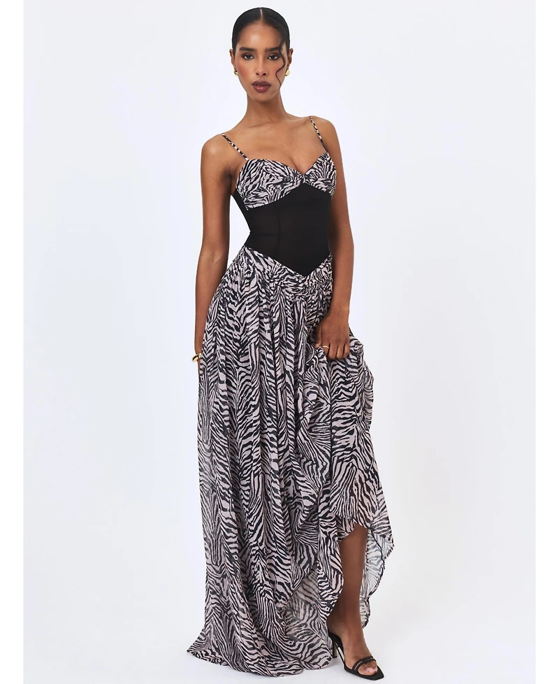 Miss Circle Women's Onora Zebra Print Chiffon Dipped Waist Maxi Dress