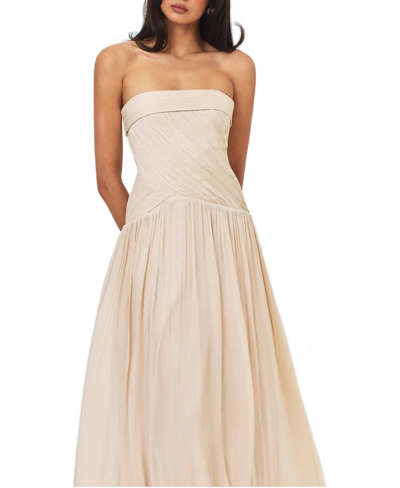 Miss Circle Women's Olivine Light Beige Crystal Organza Strapless Maxi Dress