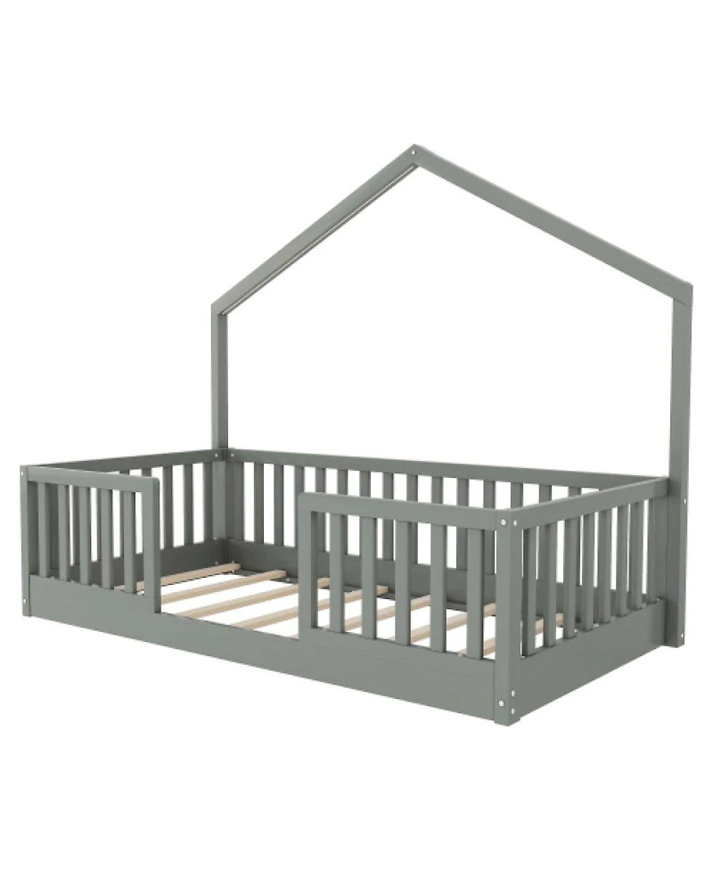 Streamdale Furniture Twin Floor Bed with High Rails and Light for Kids