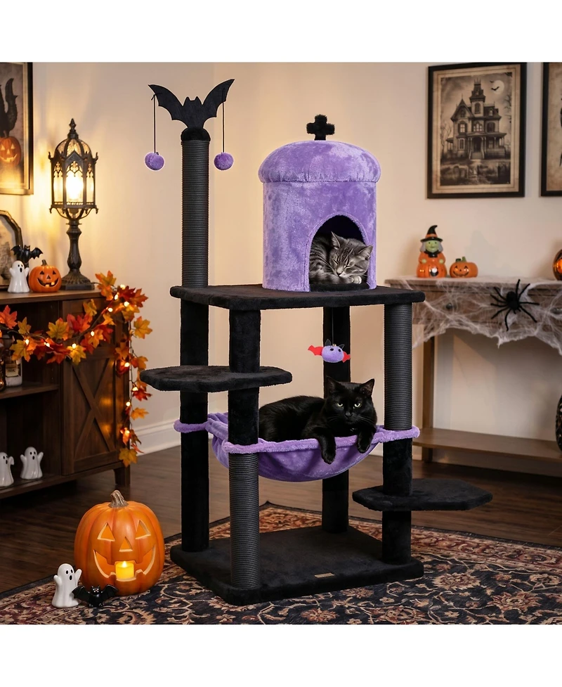 Gymax Gothic Cat Tree for Indoor Cats 51 Inch Spooky Tower With Castle House Hammock