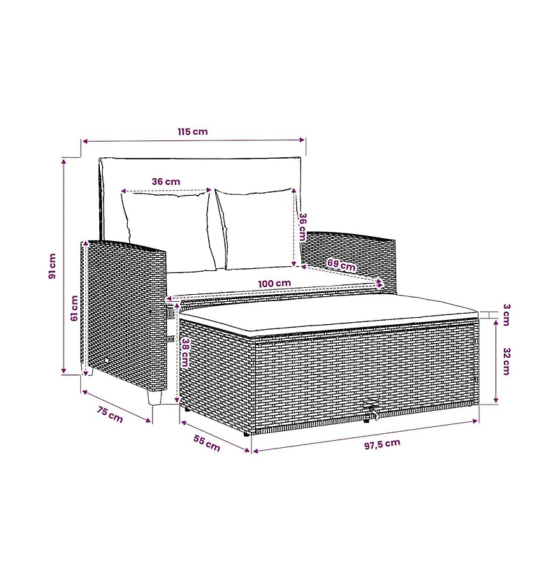 vidaXL Patio Sofa with Cushions 2-Seater Black Poly Rattan