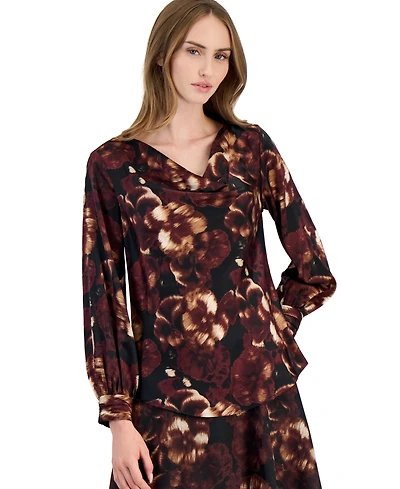 Anne Klein Women's Floral-Print Long-Sleeve Drape Neck Blouse
