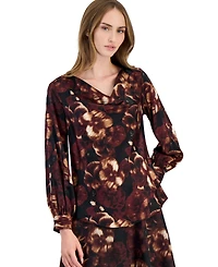 Anne Klein Women's Floral-Print Long-Sleeve Drape Neck Blouse