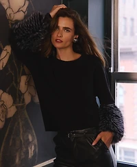 T Tahari Women's Long-Sleeve Crewneck Faux-Fur Trim Pullover