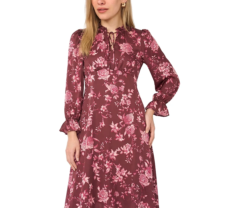 Msk Petite Tie Neck Satin Midi Floral A-Line Dress