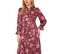 Msk Petite Tie Neck Satin Midi Floral A-Line Dress