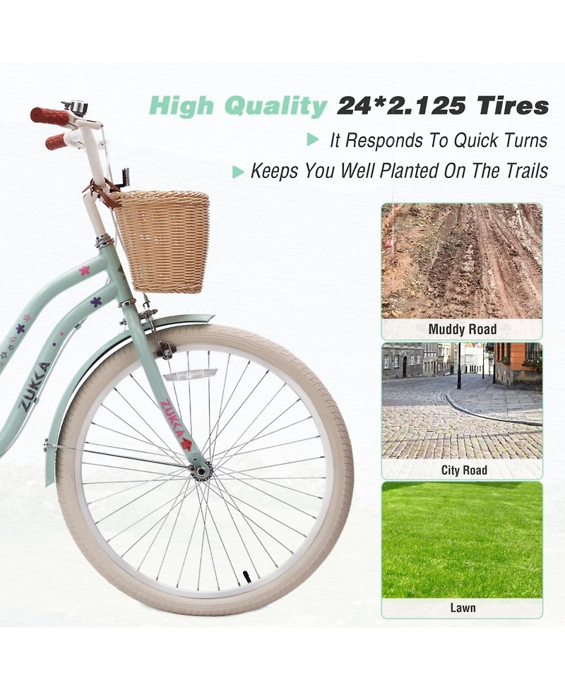 ECHTPeak 24 Inch Cruiser Bike for Girls, with Wicker Basket and Rear Rack, Speed Commuter Bicycle, High Carbon Steel Frame, for Outdoor Riding