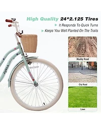 ECHTPeak 24 Inch Cruiser Bike for Girls, with Wicker Basket and Rear Rack, Speed Commuter Bicycle, High Carbon Steel Frame, for Outdoor Riding