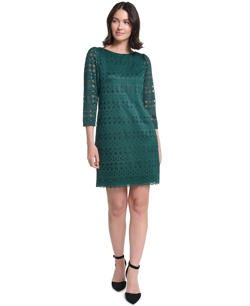 Jessica Howard Petite Lace Shift Boat Neck 3/4-Sleeve Dress