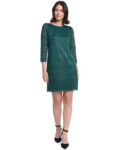 Jessica Howard Petite Lace Shift Boat Neck 3/4-Sleeve Dress