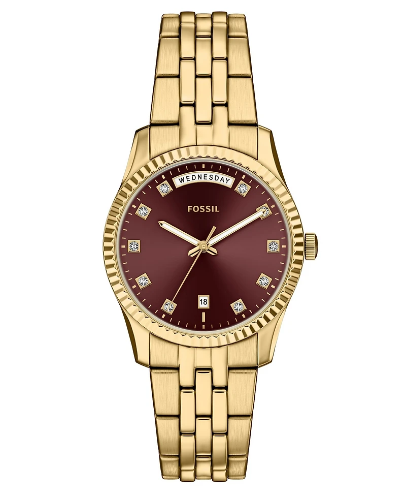 Fossil Women's Scarlette Three-Hand Day-Date Gold-Tone Stainless Steel Watch 34mm