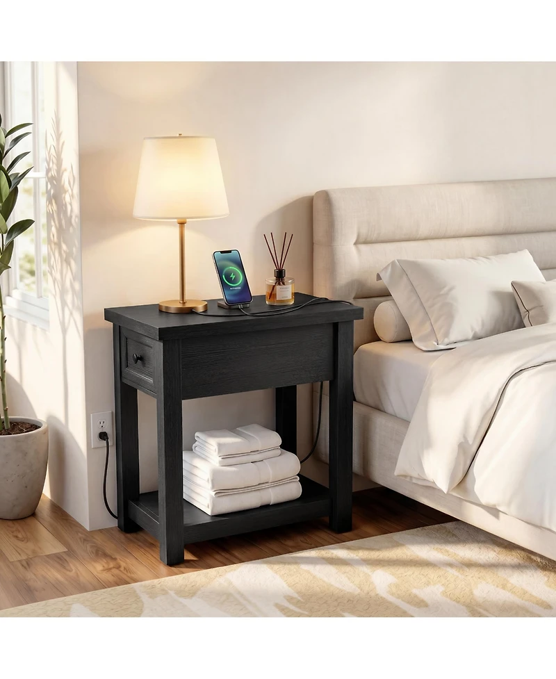 Aheaplus Wooden Farmhouse End Table with Charging Station and Drawer and Shelf