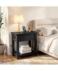 Aheaplus Wooden Farmhouse End Table with Charging Station and Drawer and Shelf
