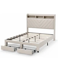 Gaomon Soft Velvet Upholstered Platform Bed Frame With Charging Station 2 Storage Drawers 52 Inch Two Tier Storage Headboard Easy Assembly