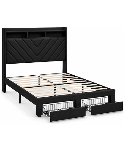 Gaomon Soft Velvet Upholstered Platform Bed Frame With Charging Station And 2 Storage Drawers, 52 Inch Two Tier Headboard