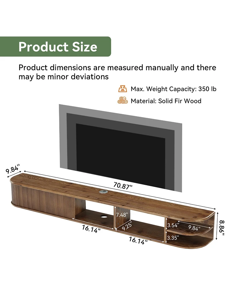 Tribesigns Floating Tv Stand with Fluted Storage Doors, Solid Wood Media Tv Stand with Cable Management, Entertainment Center