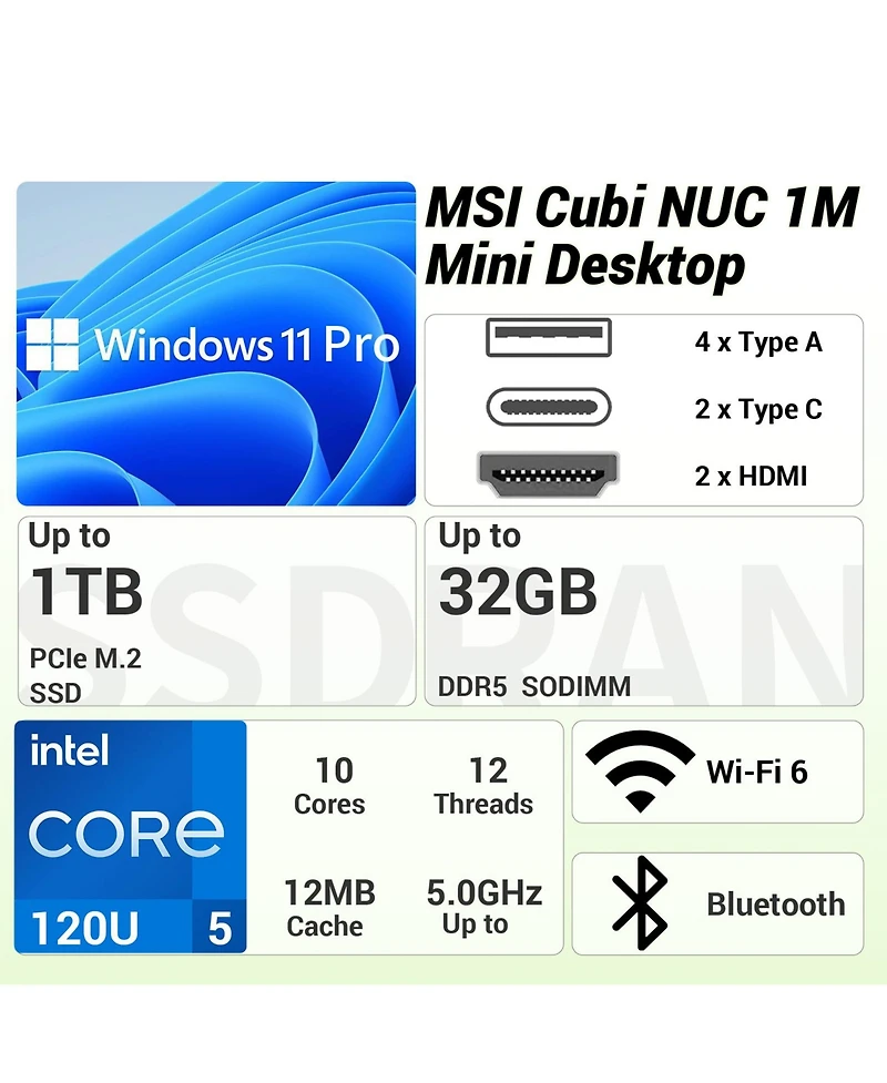 Msi Cubi Business Mini Desktop, Intel Core 5 120U, Intel Graphics, 16GB DDR5, 1TB Ssd, Wi-Fi 6, Win11 Pro, Black