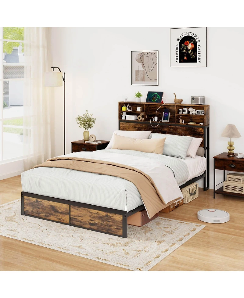 Full Bed Frame with Charging Station Storage Headboard Under-bed Space