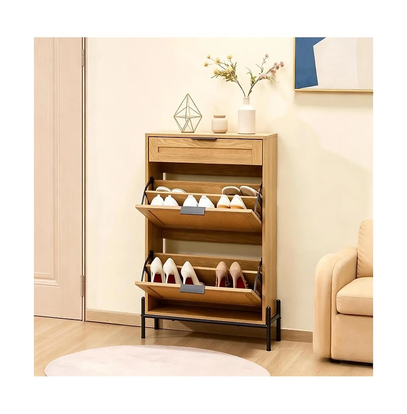 Slickblue Shoe Storage Cabinet with Rattan Finish, Flip-Top Drawer and Metal Legs