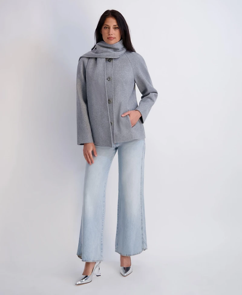 Kensie Women's Faux Wool Button Front Coat With Scarf Detail