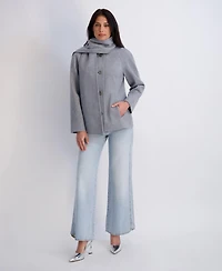 Kensie Women's Faux Wool Button Front Coat With Scarf Detail