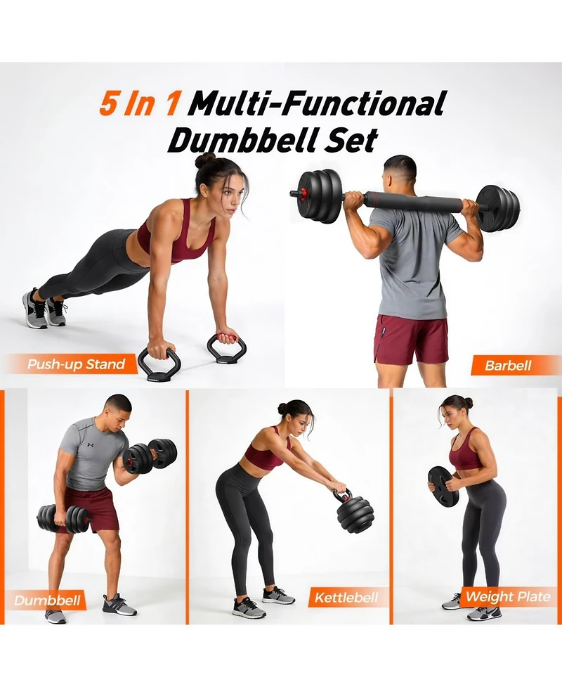 Fed Fitness Adjustable 5 in 1 Free Weights Set, 55LB (27.5 Lb Pair) Dumbbell Set, Convertible to Barbell, Kettlebell, Push Up Stand